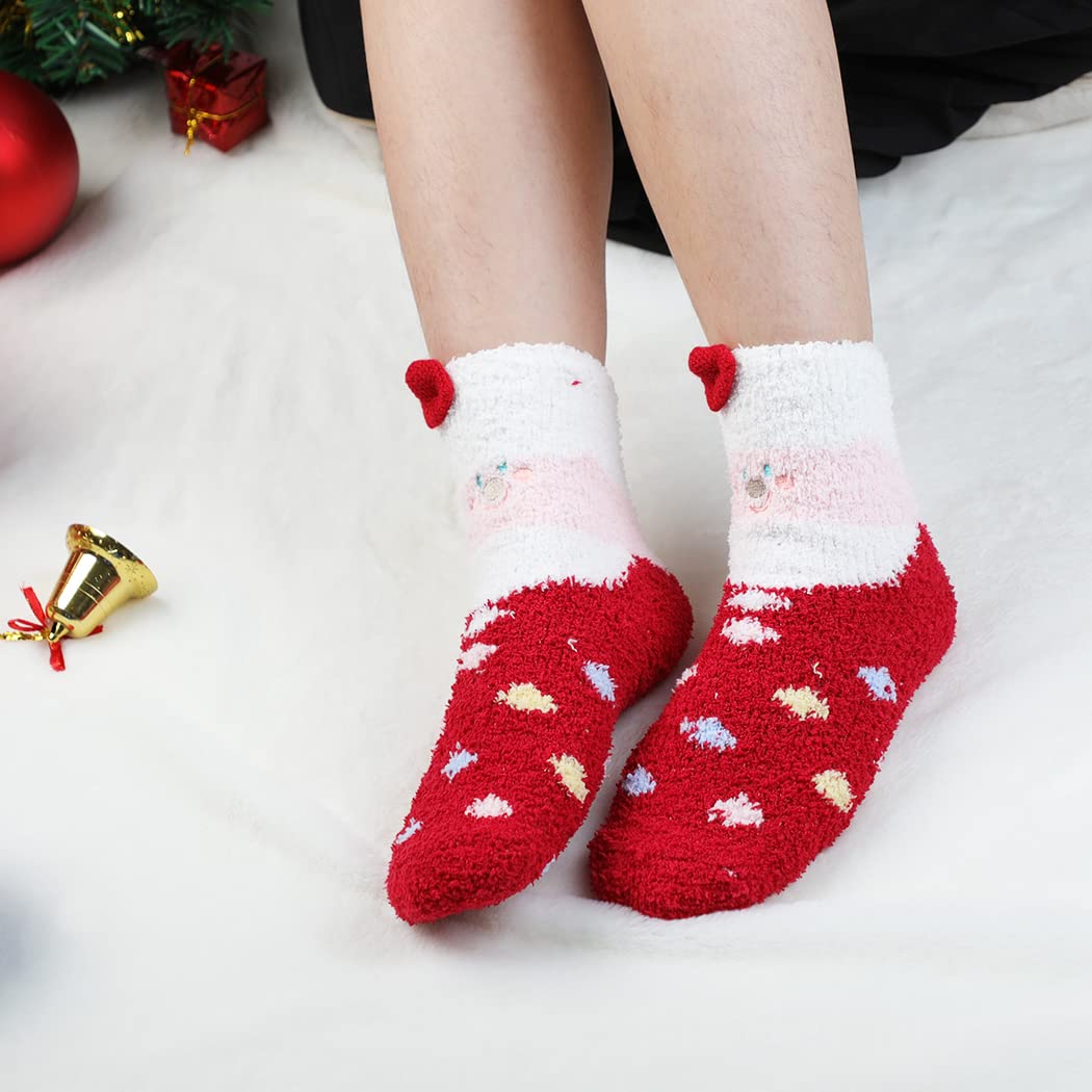 4 Paar Weihnachts-Socken für Frauen, Elch-Schneemann-gestreifte fuzzy Crew-Socken, warme flauschige Socken mit gestreiftem Muster, inklusive Grußkarte, ideale Geschenkidee für die Weihnachtszeit