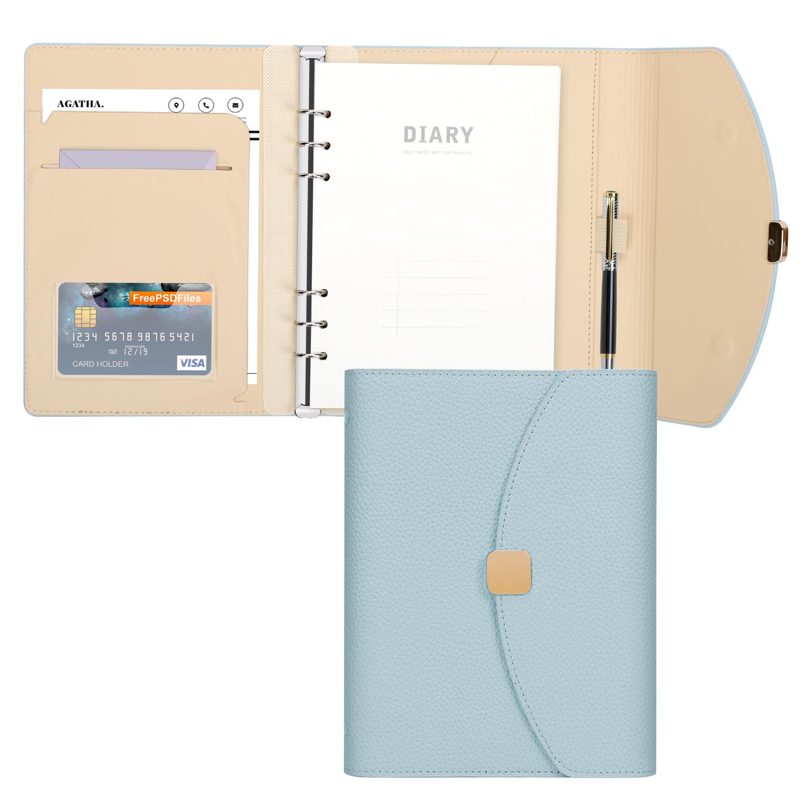 Cuaderno de piel sintética A5, 6 anillas, planificador de diario con hojas sueltas rellenables, 100 hojas/200 páginas, color azul