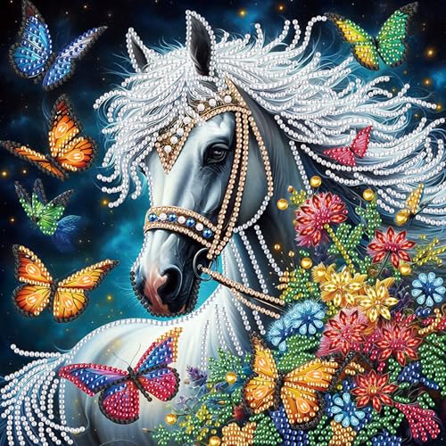Image of 5D Special Shape Diamond Art Kits for Beginners, Diamond Art Painting Kits for Adults, Crystal Rhinestones Diamond Art Painting for Home Wall Decoration Gift 12x12 inch, White Horse Butterfly