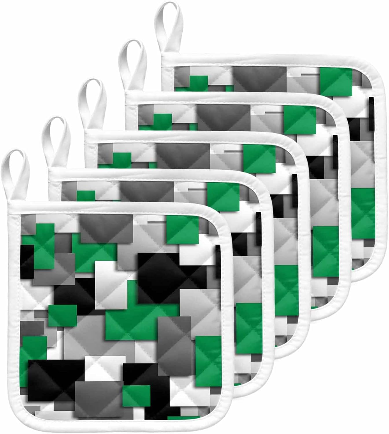 Modern Green Grey Pot Holders for Kitchen Heatproof Potholder, 5 Pack Abstract Geometric Color Blocks Hot Pads Multipurpose Oven Pads Cloth Potholders Trivet for Cooking Baking