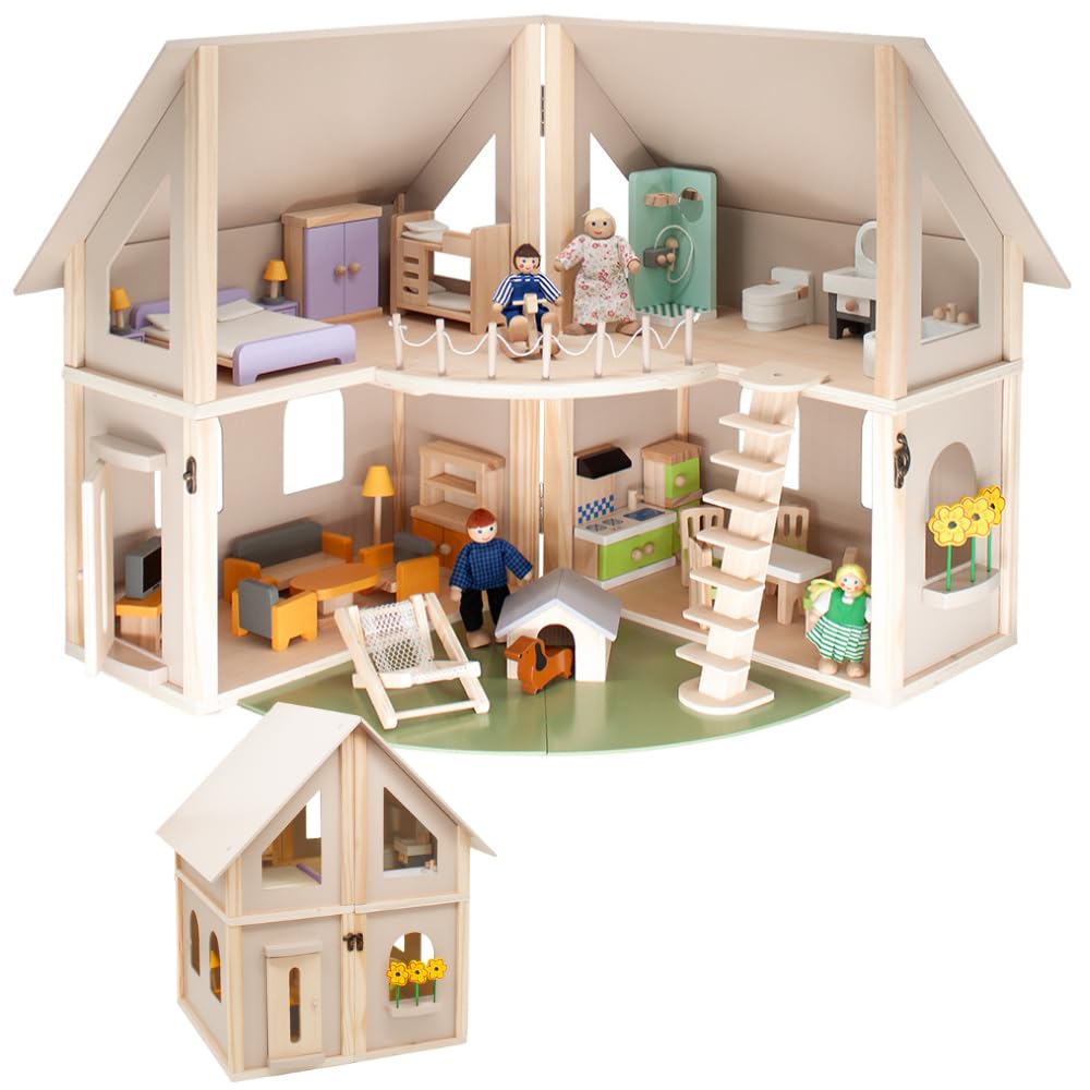 howa Casa delle bambole pieghevole in legno 7016, include 30 mobili, 4 bambole e cane, con 4 stanze, balcone, giardino, scale, casa delle bambole, naturale, beige