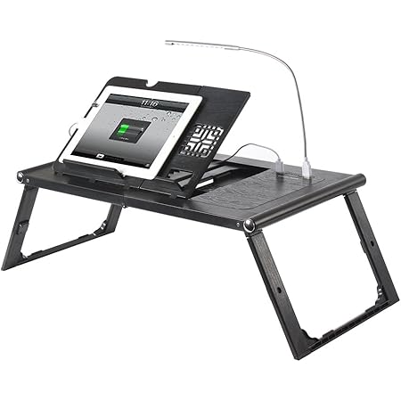 Etable Foldable Laptop Bed Tray Tablet Charging Table Adjustable Lap Desk with Built-in 10000mAh Rechargeable Power Bank and LED Light - Portable Laptop Table Breakfast Food Table Reading Desk - Black