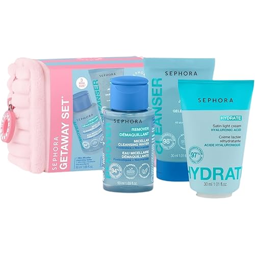 Sephora Collection Getaway Mini Essentials Set with Pouch – Satin Cream, Micellar Water & Jelly Cleanser – Travel Size Skincare