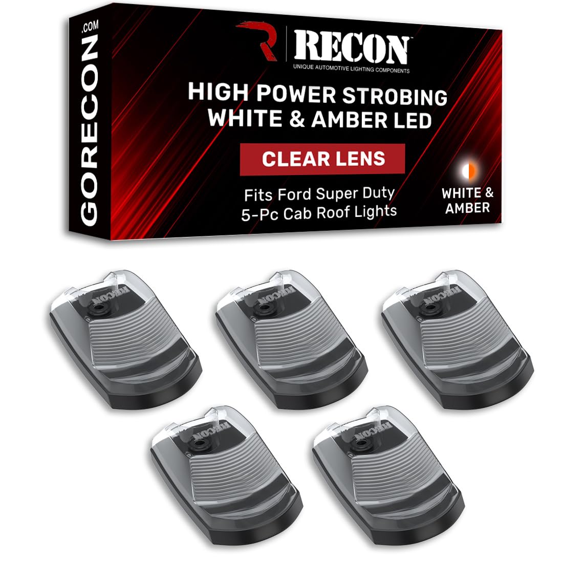 RECON - Fits 2017-2022 Super Duty (F250, F350, F450) 5-Piece Cab Roof Light Kit High Power Strobe LED White & Amber & Running Lights (Replaces Factory Cab Roof Lights Only) (CLEAR LENS)