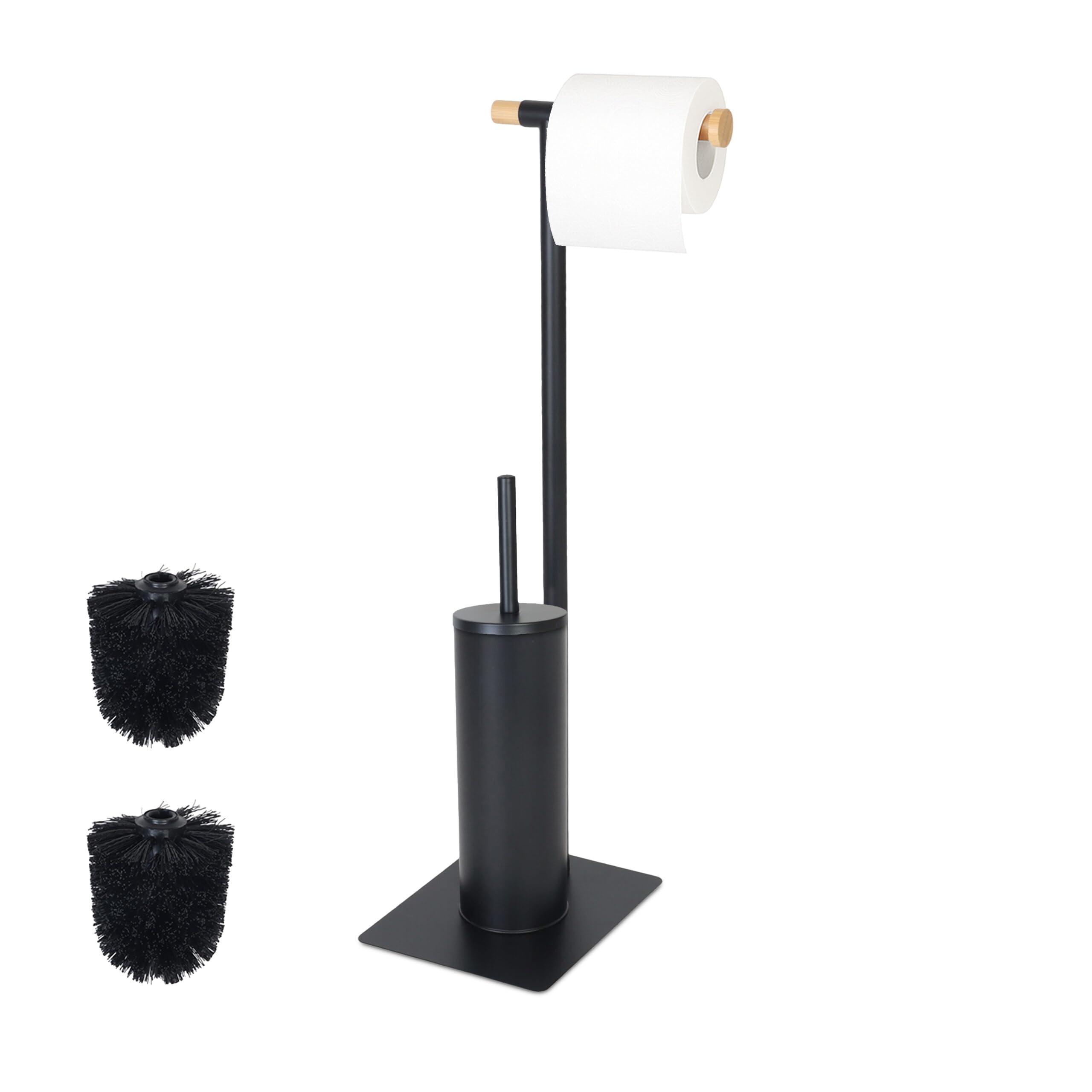Relaxdays toilet set, HxWxD: 67 x 18 x 21 cm, steel & bamboo, freestanding toilet brush and paper holder, black/natural