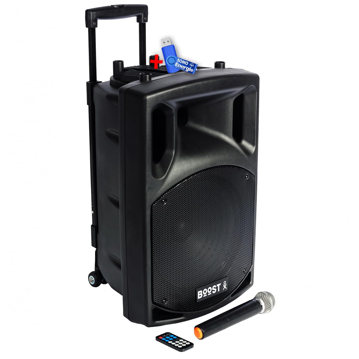 Enceinte BOOST150VHF-BT Portable Autonome - 800W -1 5/38CM avec USB Bluetooth, 1 Micro VHF+clé USB 32gigas