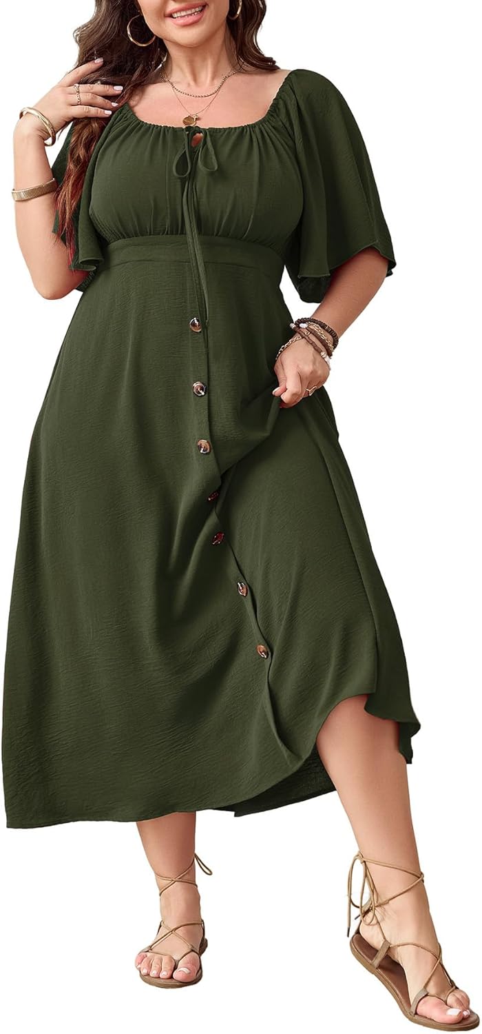 SHESTARR Plus Size Summer Dress Short Sleeve Square Neck Tie Front Smocked Button Down Flowy A-line Boho Maxi Long Dresses