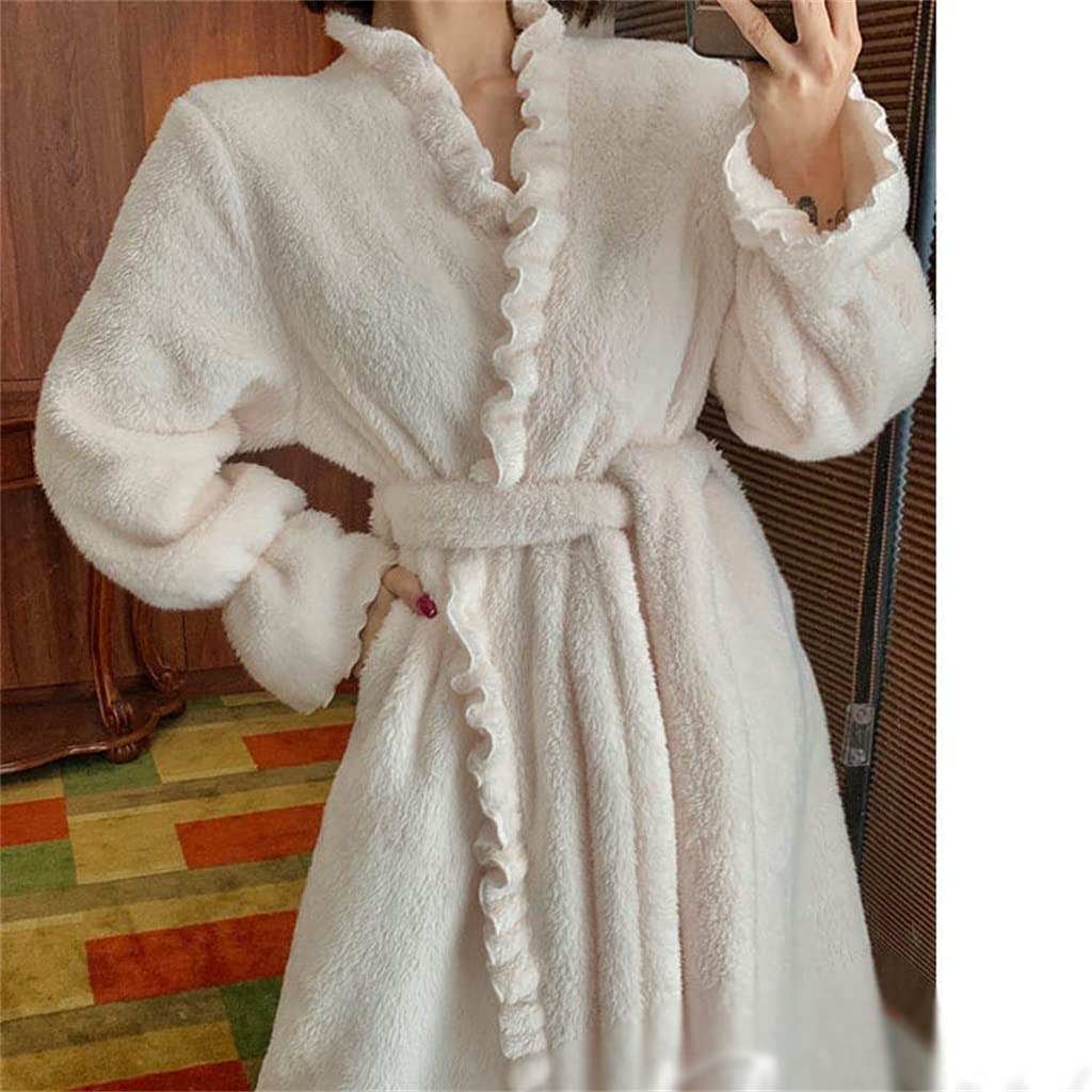 Autumn And Winter Facecloth Pajamas Female Long Section Coral Velvet Retro Pajamas Home Wear(White,L code)