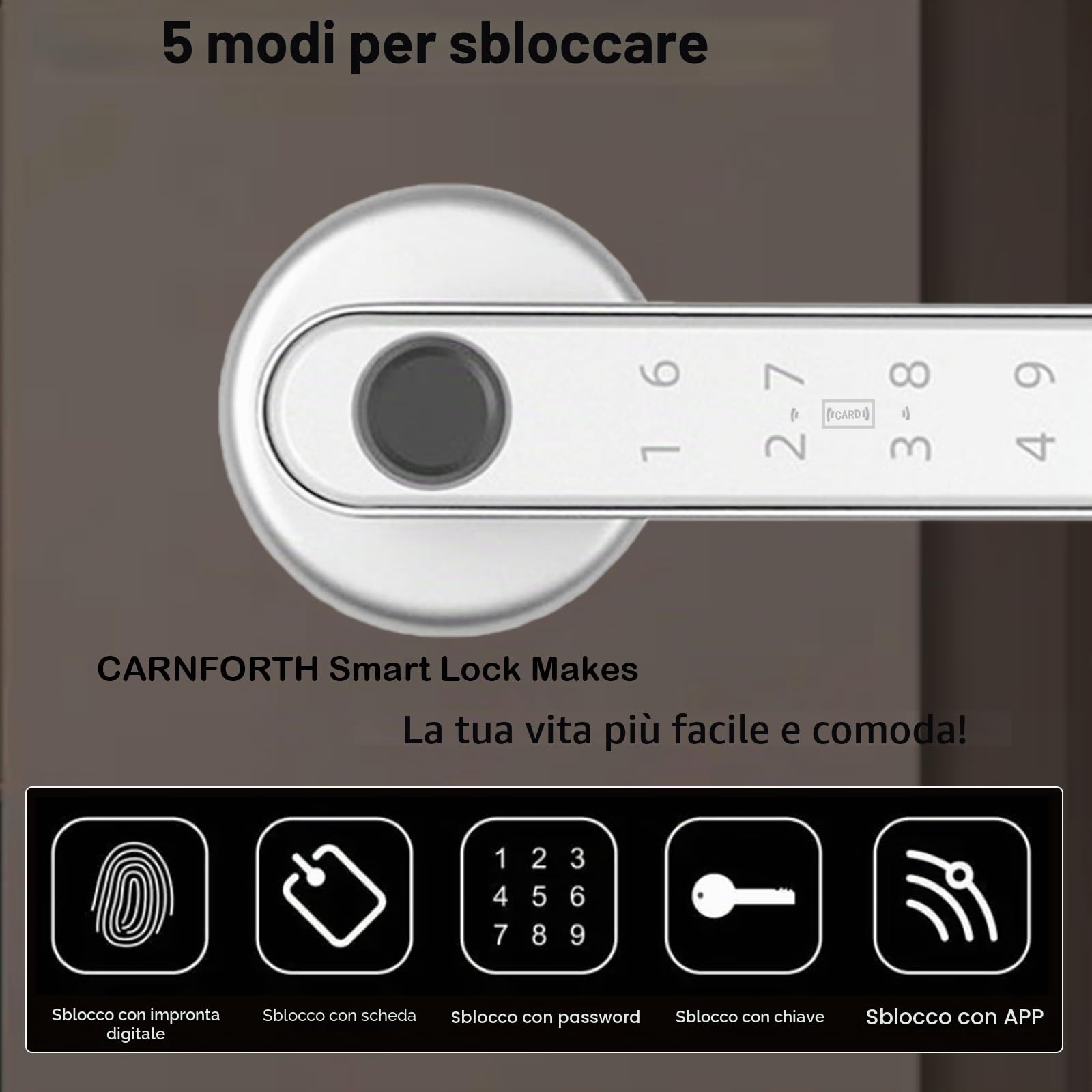 Serratura intelligente per porta con impronte digitali, 5 in 1, maniglia intelligente automatica per porta con controllo APP/impronte digitali/schede IC/password/chiavi di backup, serrature