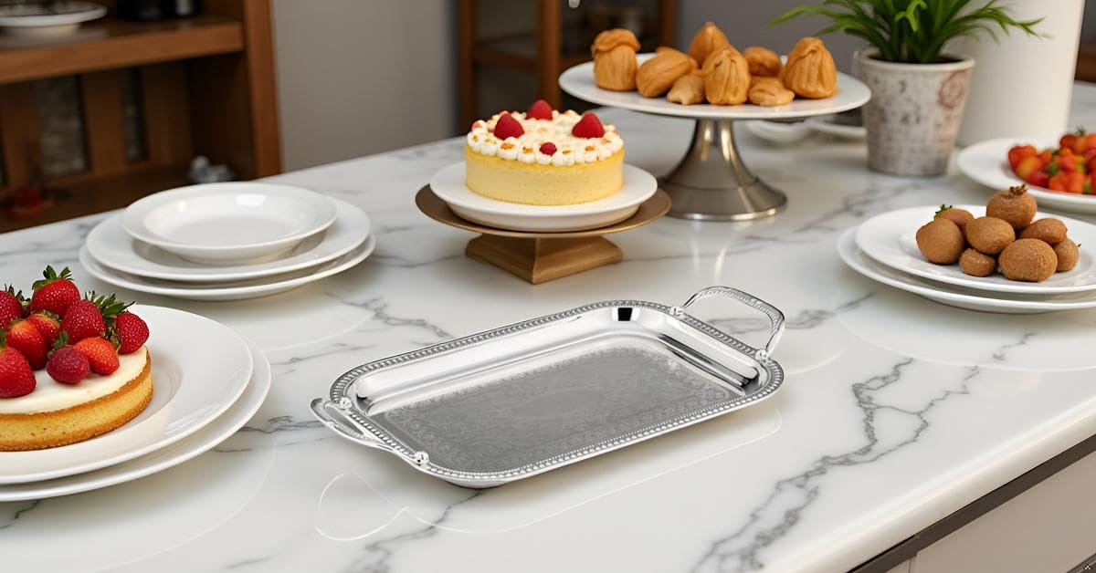 SILBERKANNE Plateau de service avec poignées - 44 x 25 cm - Avec motif argenté de qualité supérieure