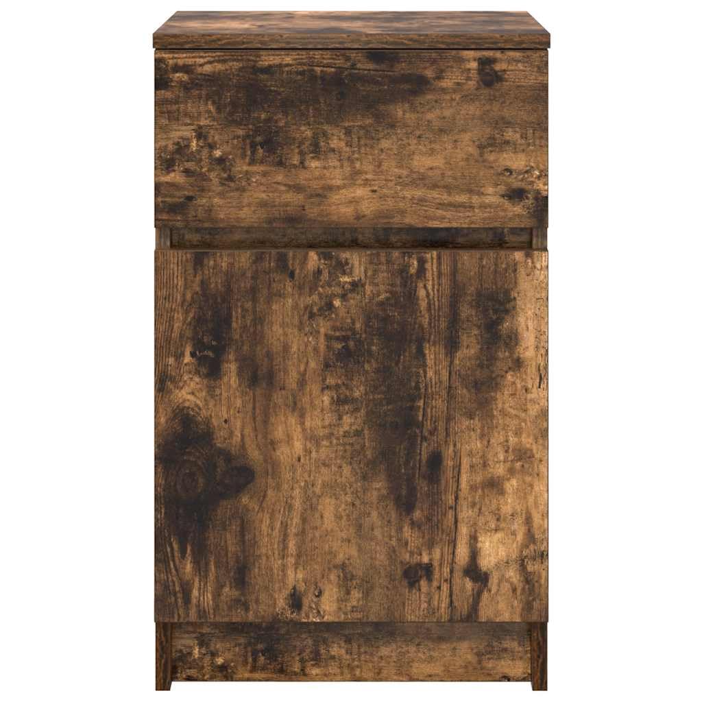 Elegante mesita de noche para dormitorio, roble ahumado, 39 x 35 x 65 cm, material de madera, fácil de limpiar, mesita de noche con superficie lisa, con placa estable y soporte de pared