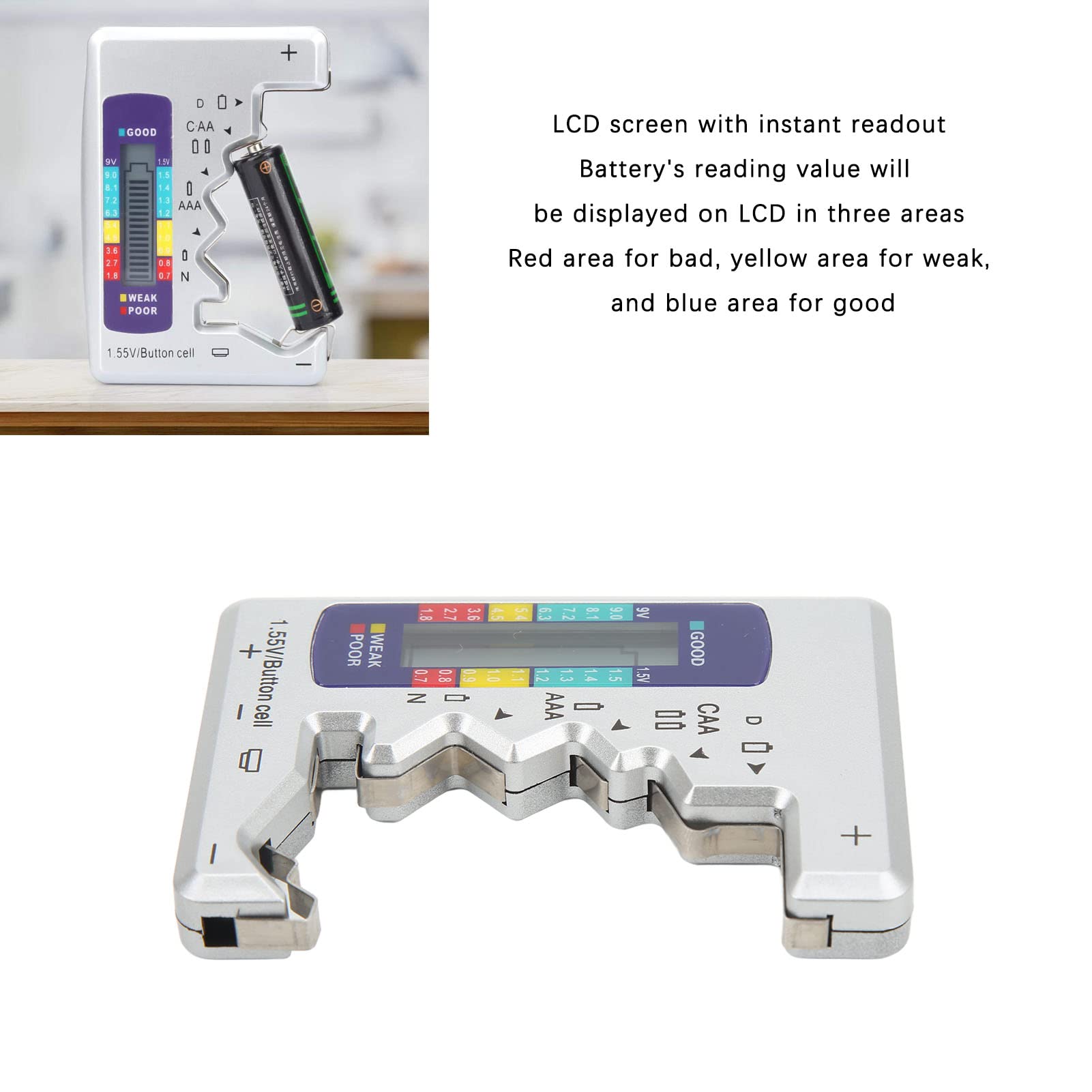 Pilipane AAA, Versatile Digital Battery Capacity Tester for AA, D, C, N, and 9V Batteries, LCD Display(Silver)