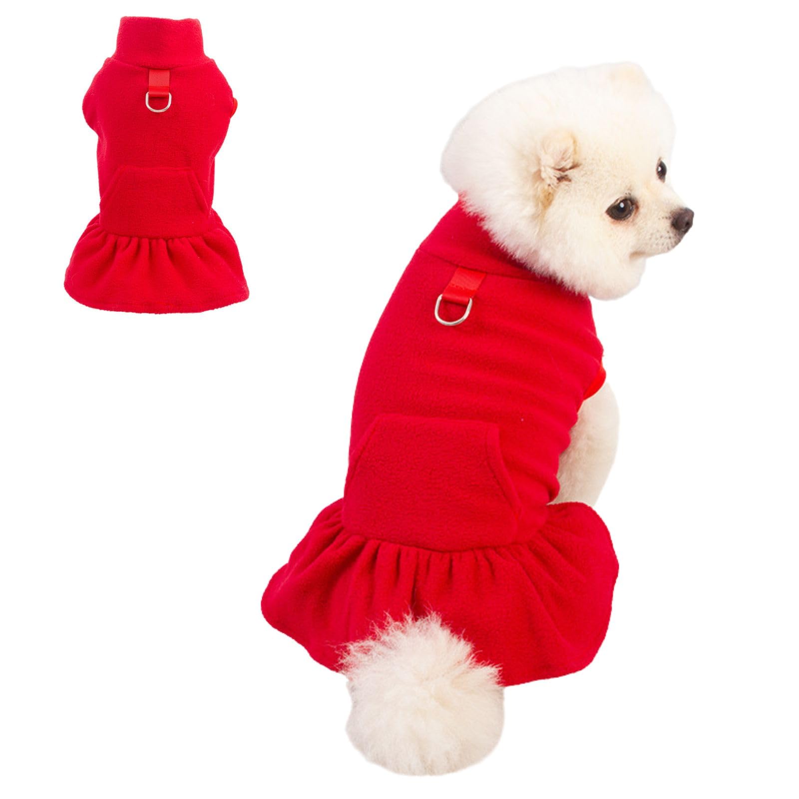 MeiAOBest Pet Dress with D-Ring,Small Dog Fleece Winter Warm Clothing Puppy Sleeveless Sweaters Princess Skirt for Cats Small Dogs_S(Red)
