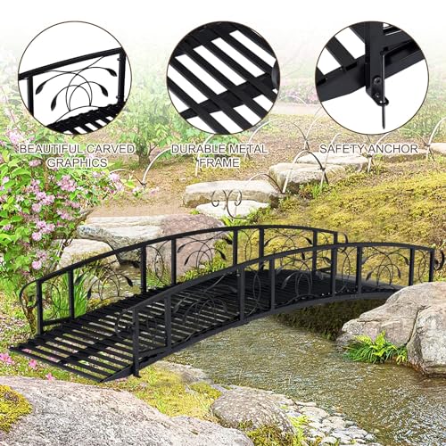 Kinsunny 8 Ft Metal Garden Bridge with 2 Safety Patterned Siderails Outdoor Decorative Iron Garden Arch Footbridge for Pond, Creek, Stream(Black)