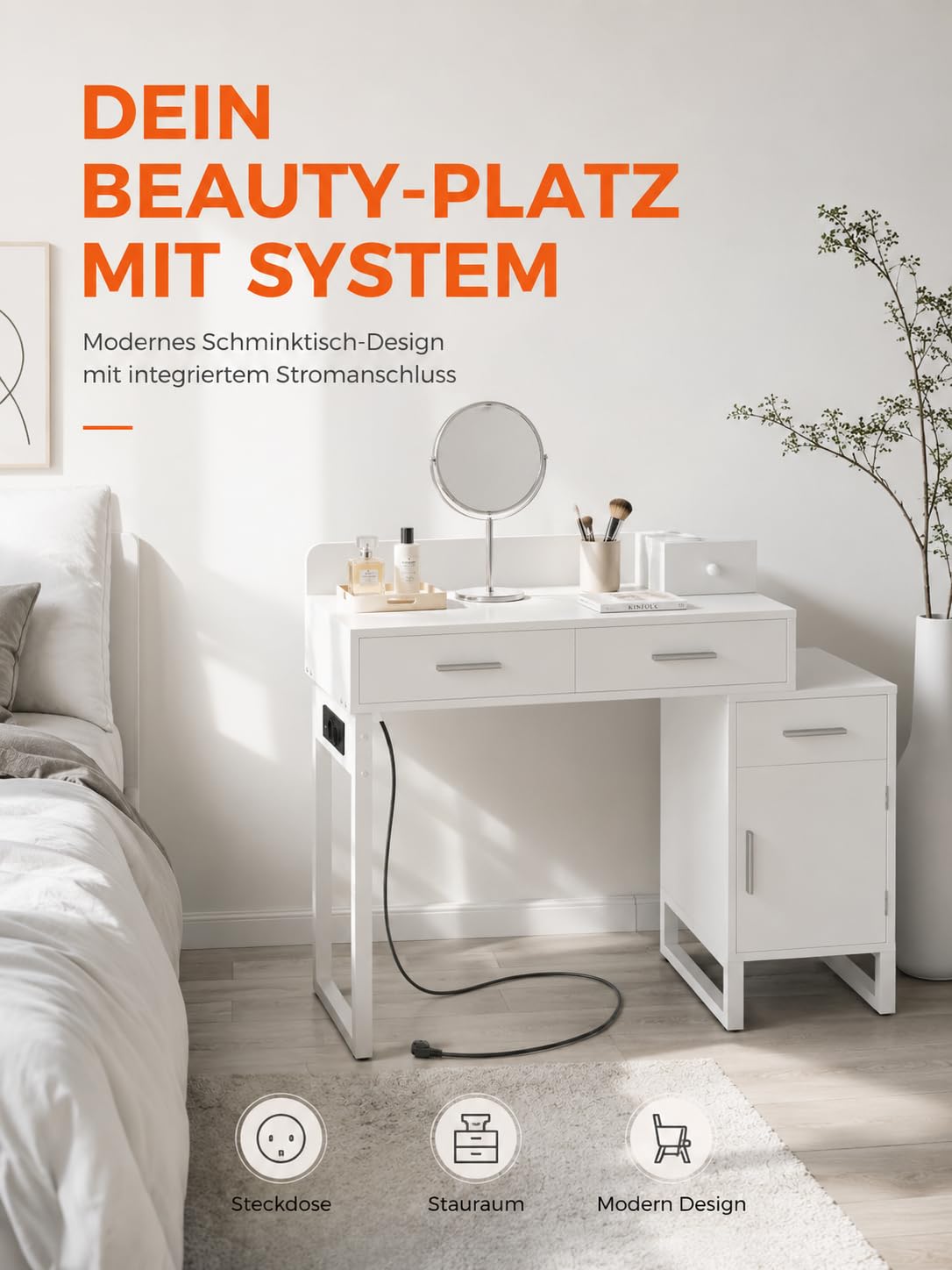 iSunirm Schminktisch ohne Spiegel, Kleiner Kosmetiktisch Weiß mit Steckdosen & 2 USB-Ports, Frisiertisch mit 4 Schubladen und reversiblem Seitenschrank, Vanity Desk/Schreibtisch für Schlafzimmer