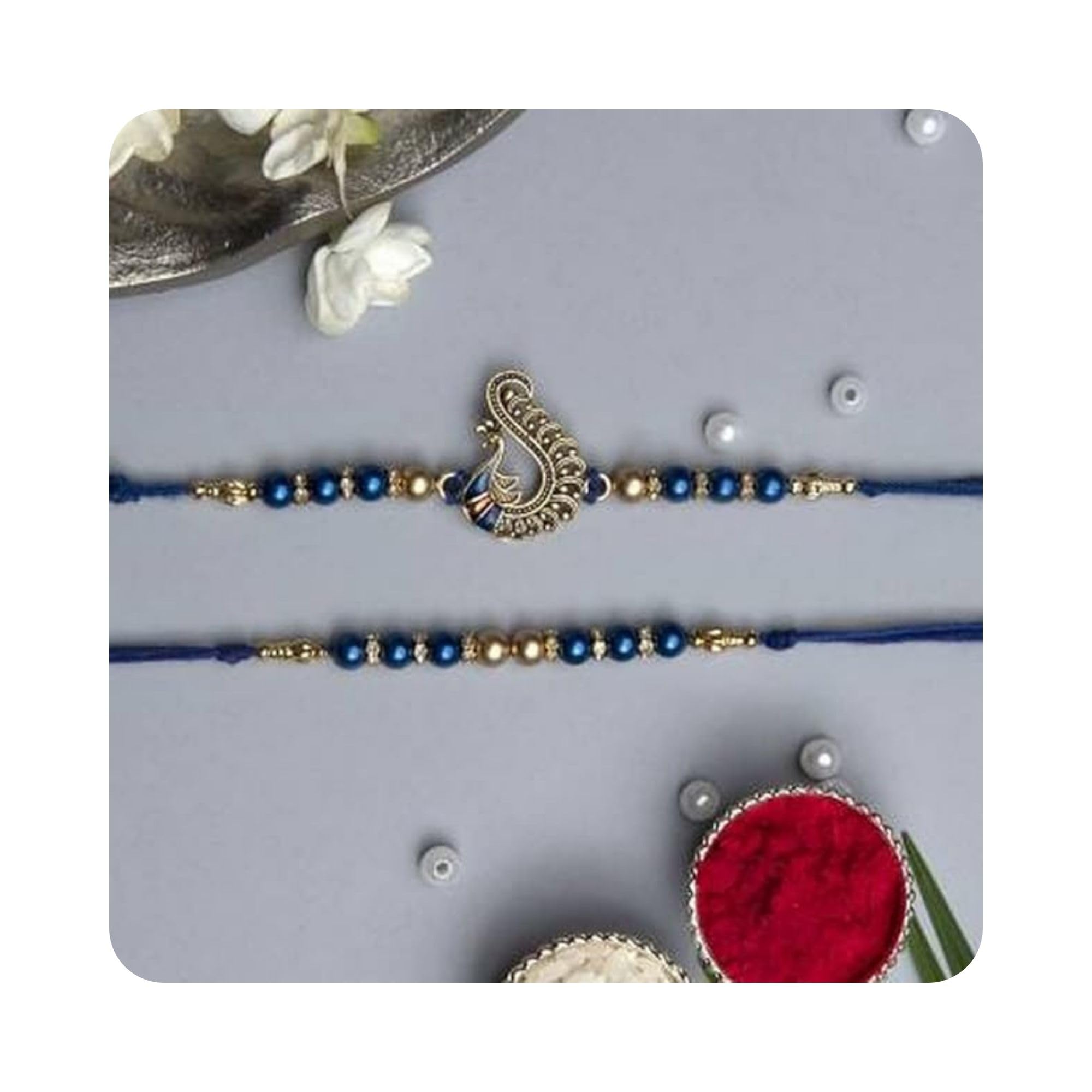 eCraftIndia Set of 2 Blue & Golden Pearls and Peacock Designer Rakhis with Roli Pack - Rakhi for Brother, Bhaiya, Bhai
