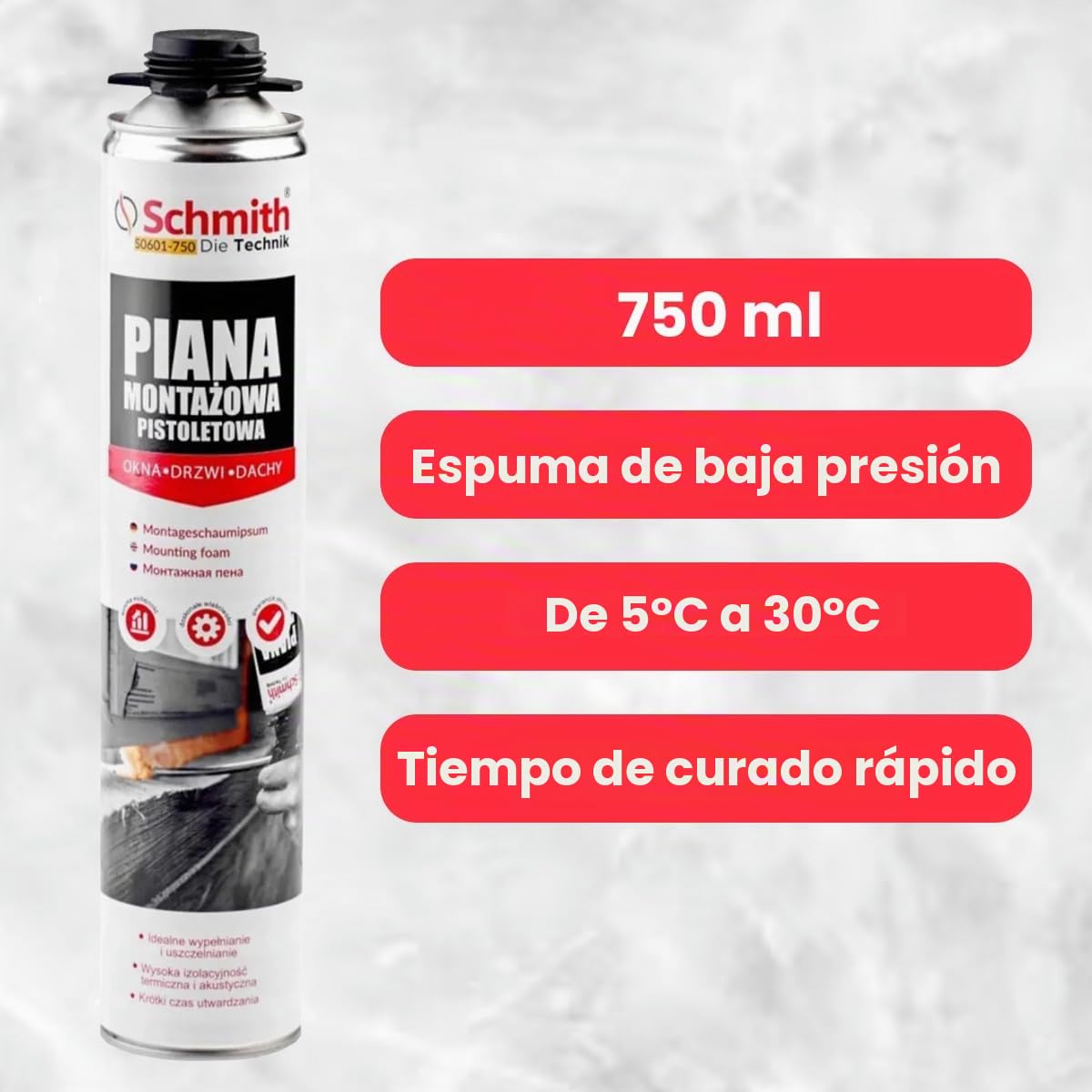 Kit de 6 Espumas de Poliuretano de Endurecimiento Rápido con Pistola de Válvula y Sistema PTFE para Montaje, Impermeabilización y Aislamiento Acústico, Baja Expansión – 6x750ml