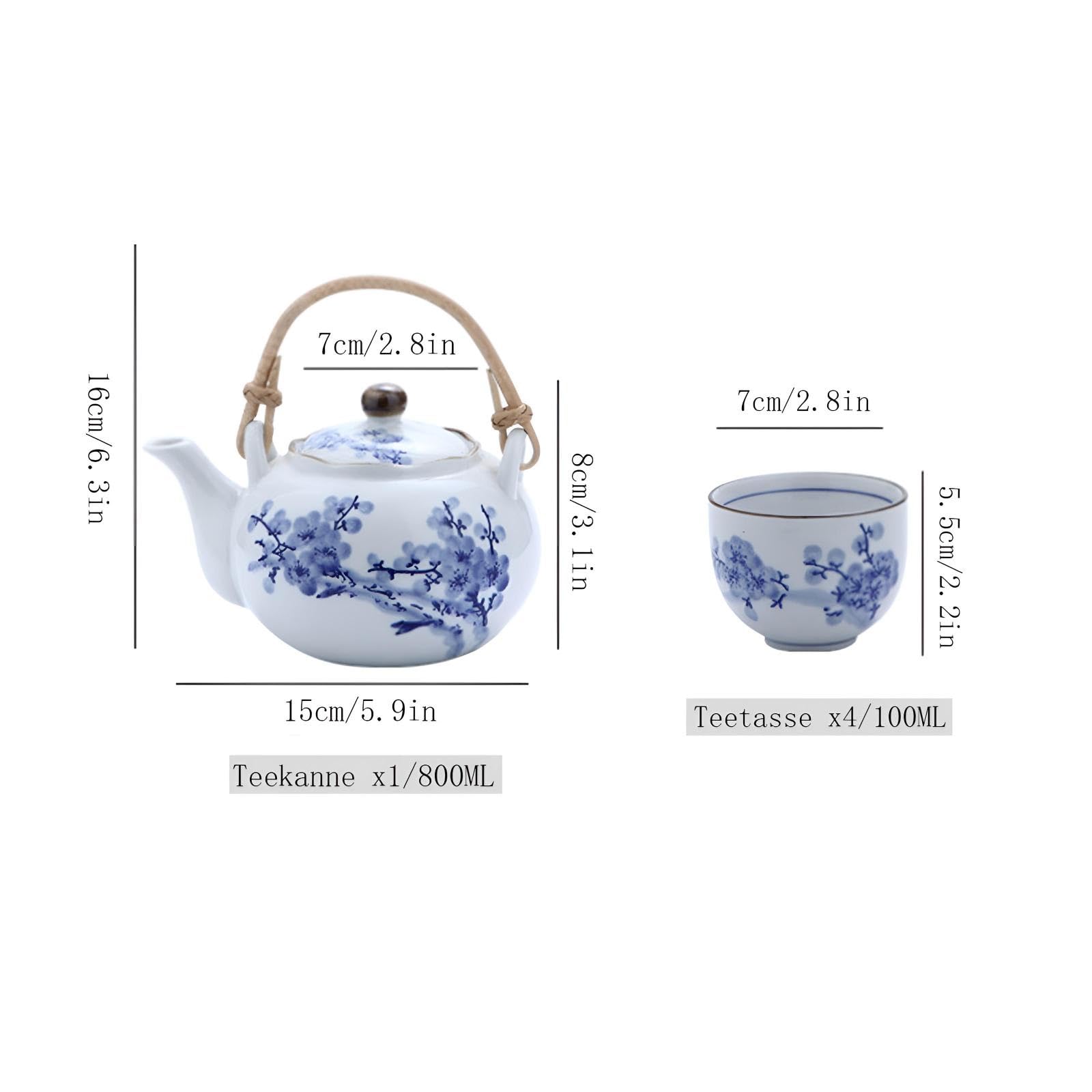 Japanisches Weißem Porzellan-Teeservice Mit Blauem Blumen-Design Teekanne Mit Rattan-Griff Teekannen Set Mit Tasse Teekanne Und 4 Teetassen Japanisches Blau und Weiß Porzellan Tee Set