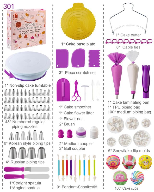 Nifogo Kit Patisserie Douille Patisserie 301 Pièces, Accessoire Patisserie, Plateau Tournant Gateau, Poche a Douille, Caissettes Cupcake
