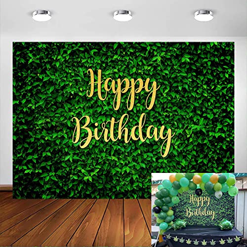 Avezano Fondo de fondo de feliz cumpleaños de hojas verdes para decoración de fiesta de safari en la selva, fondo de fotografía, naturaleza, verde, fiesta de cumpleaños, sesión de fotos (7x5 pies)