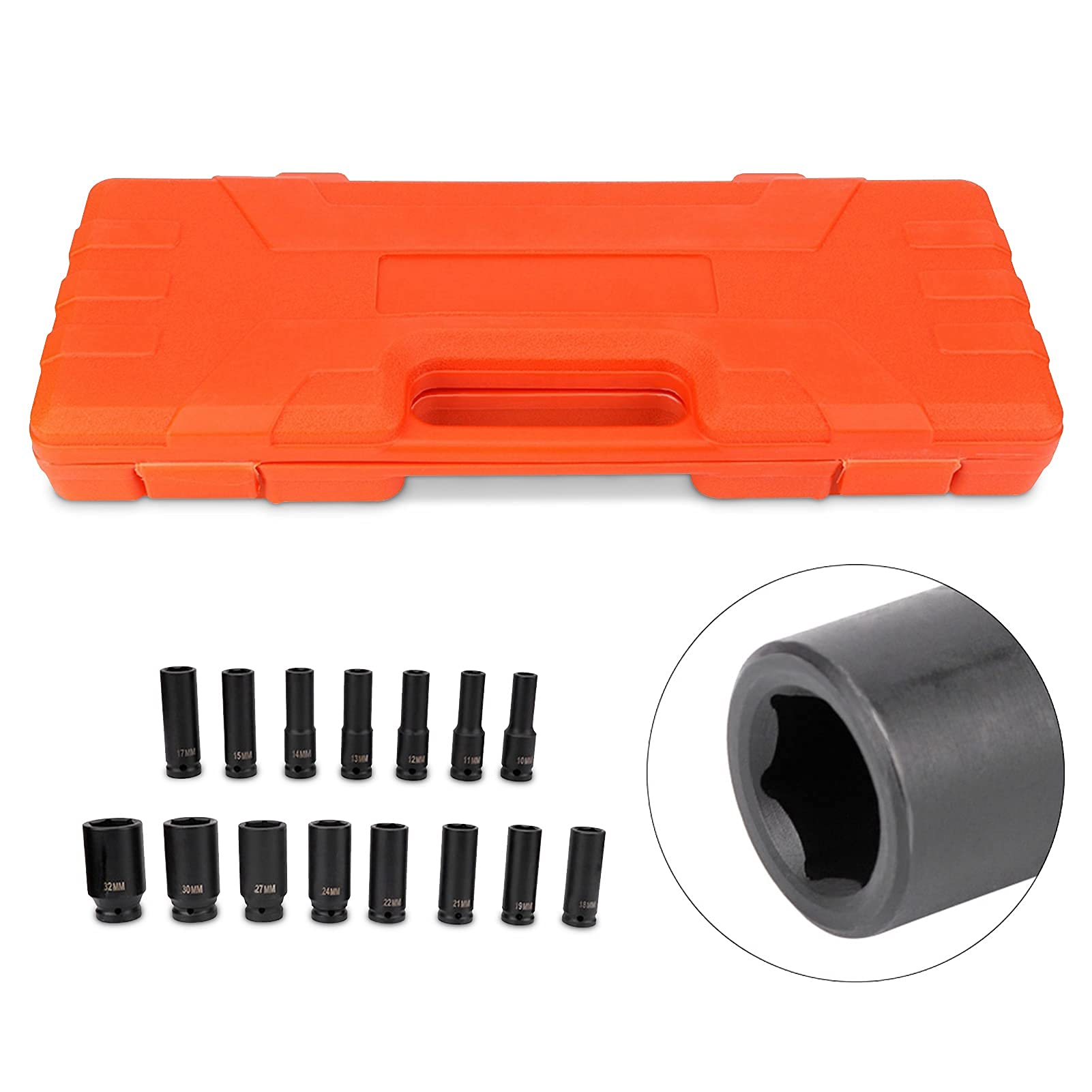 TOPTUL Set di Chiavi a Impulsi, 15 Pezzi, 1/2 Pollici, Bussole a Impatto Profondo in Acciaio al Carbonio 10-32 mm, con Coperchio in Plastica, per Officina