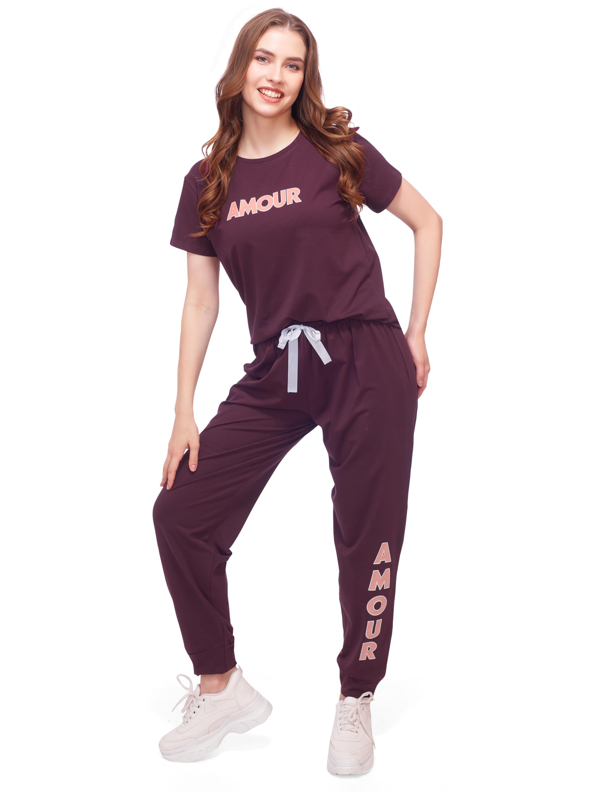lotik Women Cotton Lycra Solid Top Payjama Amor Print Nightsuit & Tracksuit Set-picture-15