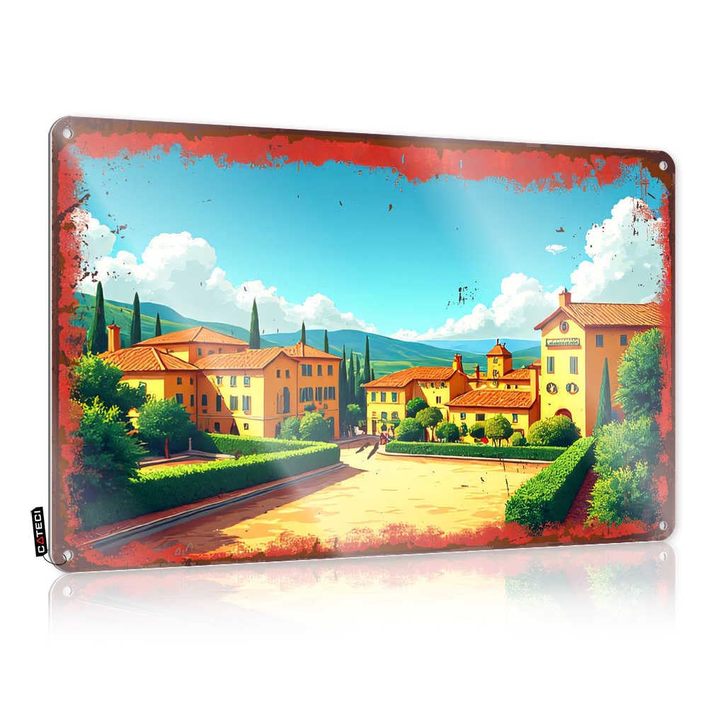 Fzfn Colour Art Camper Accessories For Outside Wall Decor | Sunlit Village With Orange Houses And Lush Greenery Stunning For Farm Home(20X30cm)