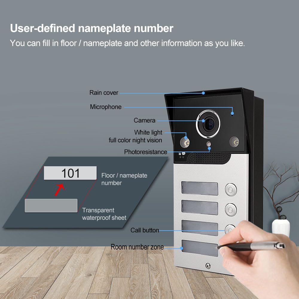 Wifi Wireless Video Türsprechanlage,1080P Außenenkamera,7 Zoll Touchscreen Wireless Monitor,PIR Bewegungserkennung,Nachtsicht,Tuya APP Steuerung (4 Familienhaus)