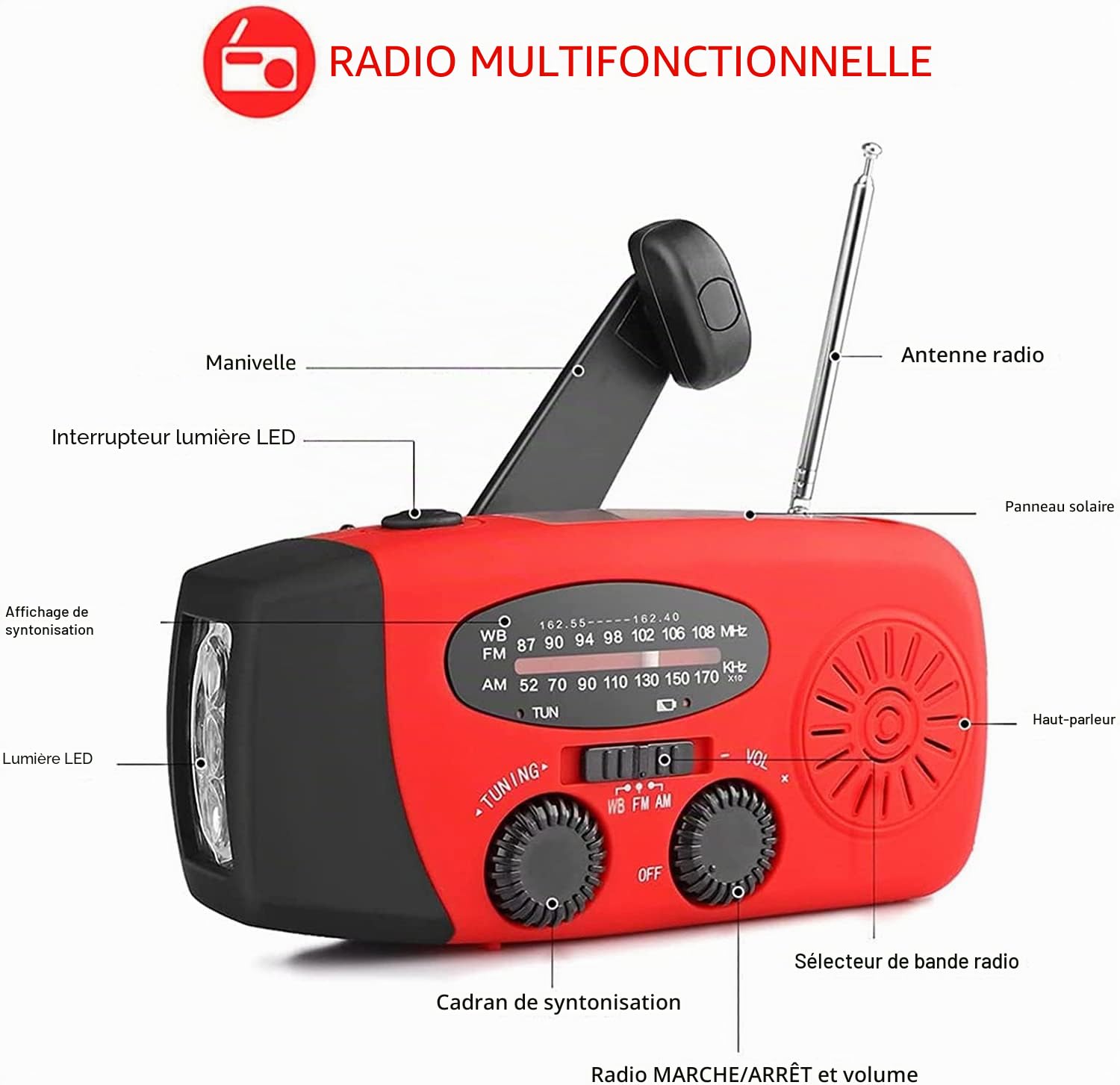 Radio Solaire d’Urgence, Radio à Manivelle Auto-alimentée avec Lampe de Poche LED, Météo AM/FM/WB avec Batterie Rechargeable 2000mAh pour Le Chargement d’Urgence du Téléphone Intelligent