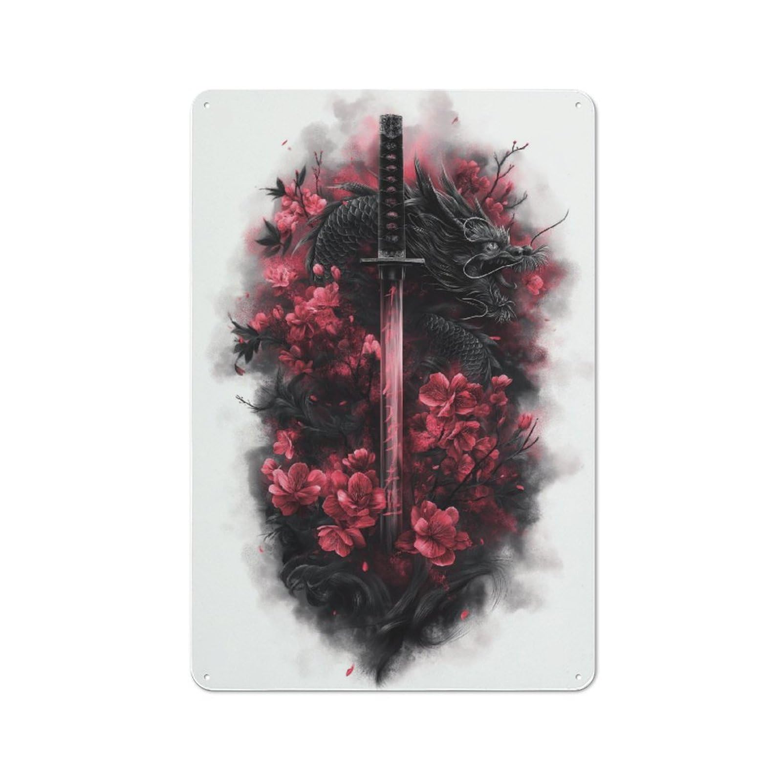 Junmoney Dragon Blade & Cherry Blossoms For Garden Room Or Summerhouse, Retro Tin Sign 30X20cm, Suited To Wall Displays In Garden Rooms And Summerhouses