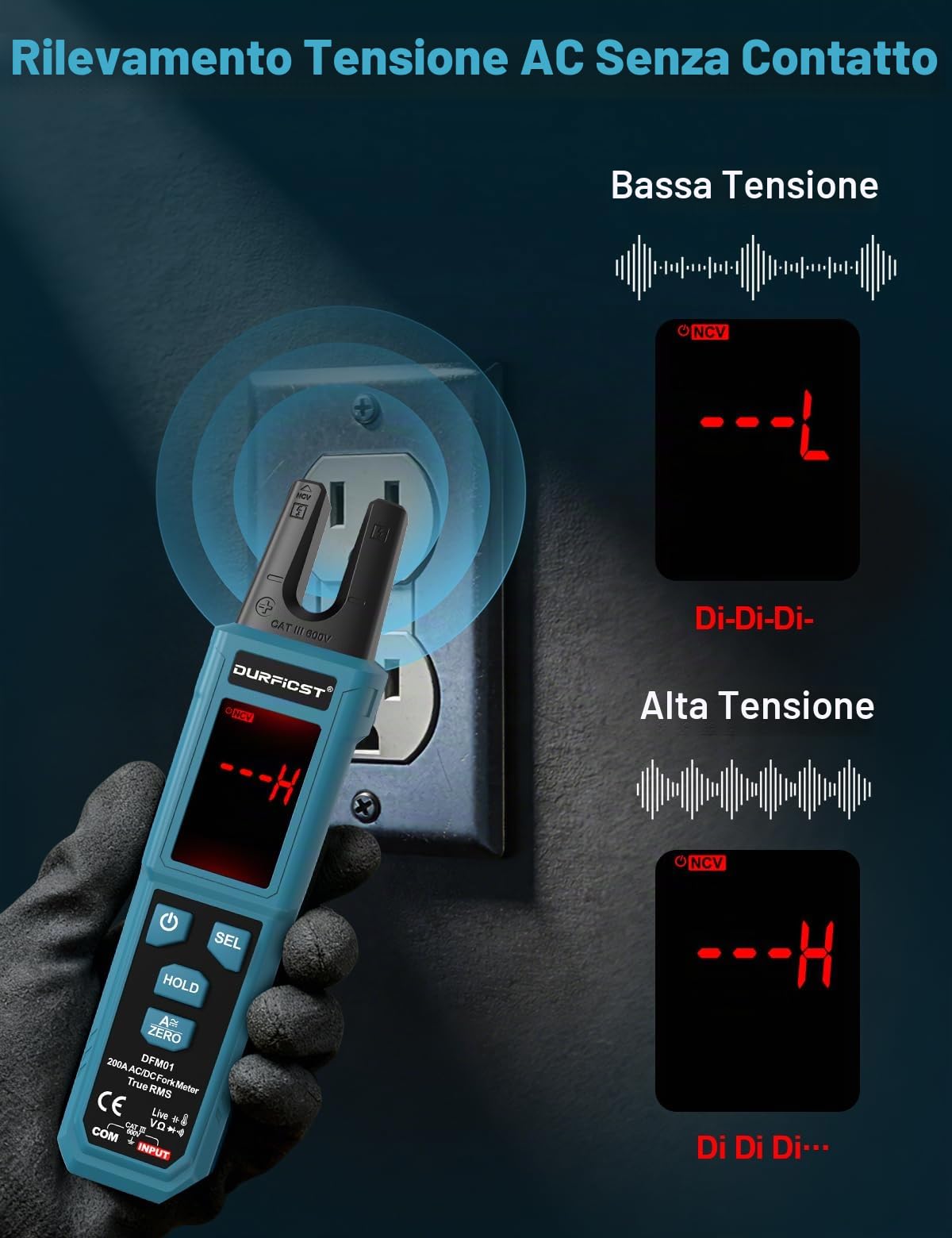 DURFICST Pinza Amperometrica TRMS 4000 Conteggi, con AC/DC 200 A & 600 V | Digitale Pinza Amperometrica AC DC con Test NCV, Continuità, Misurazione di Capacità e Temperatura