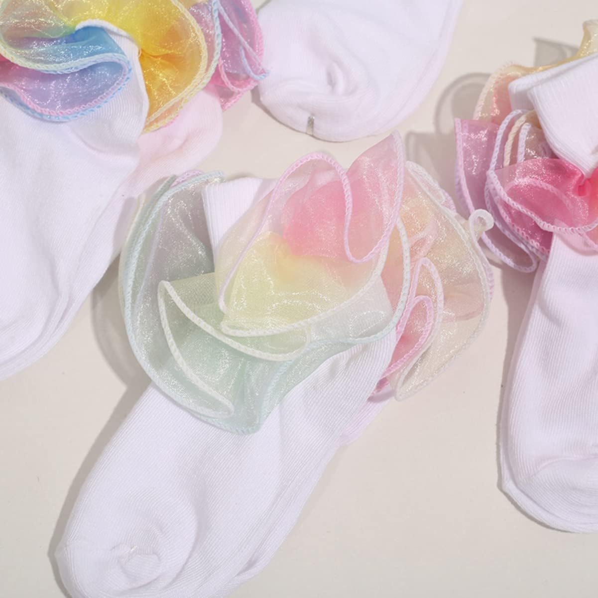 Hopply Toddler Girls Double Lace Socks Turn Cuff Shimmering Big Ruffle Rainbow Style Dress Lace Socks for Infant Kids - Image 2