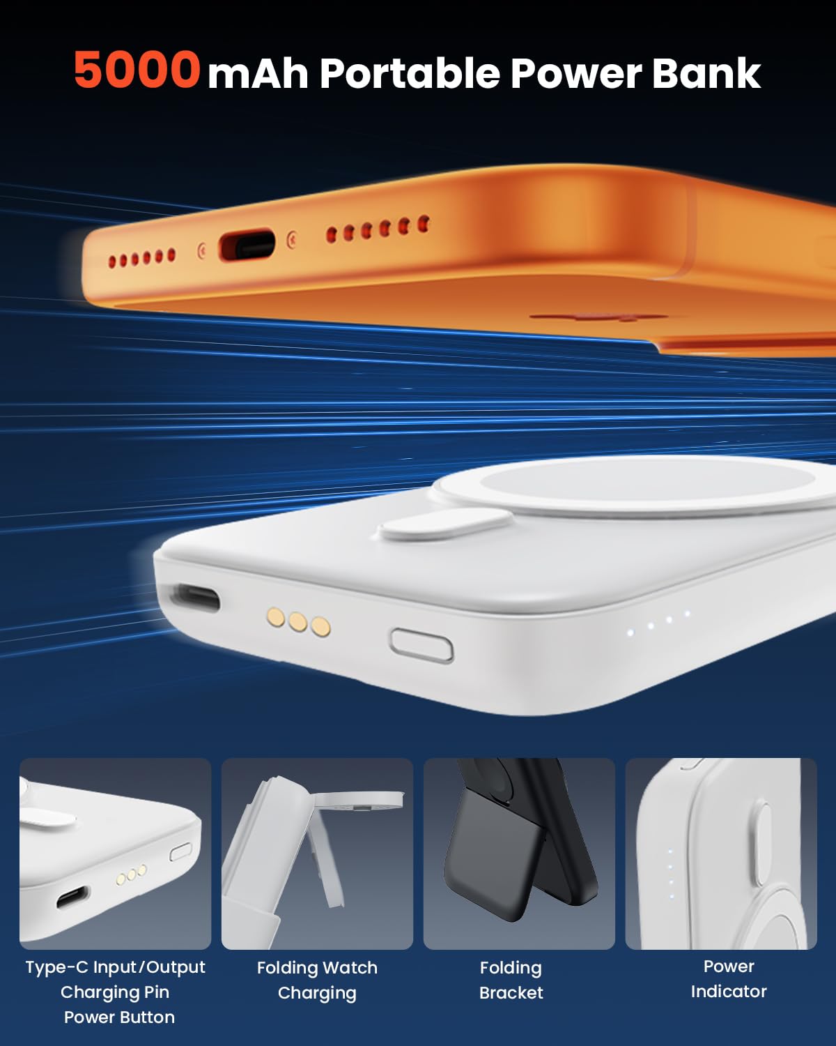 GEEKERA Chargeur magnétique sans fil 3 en 1 avec batterie externe, AP05-05, blanc