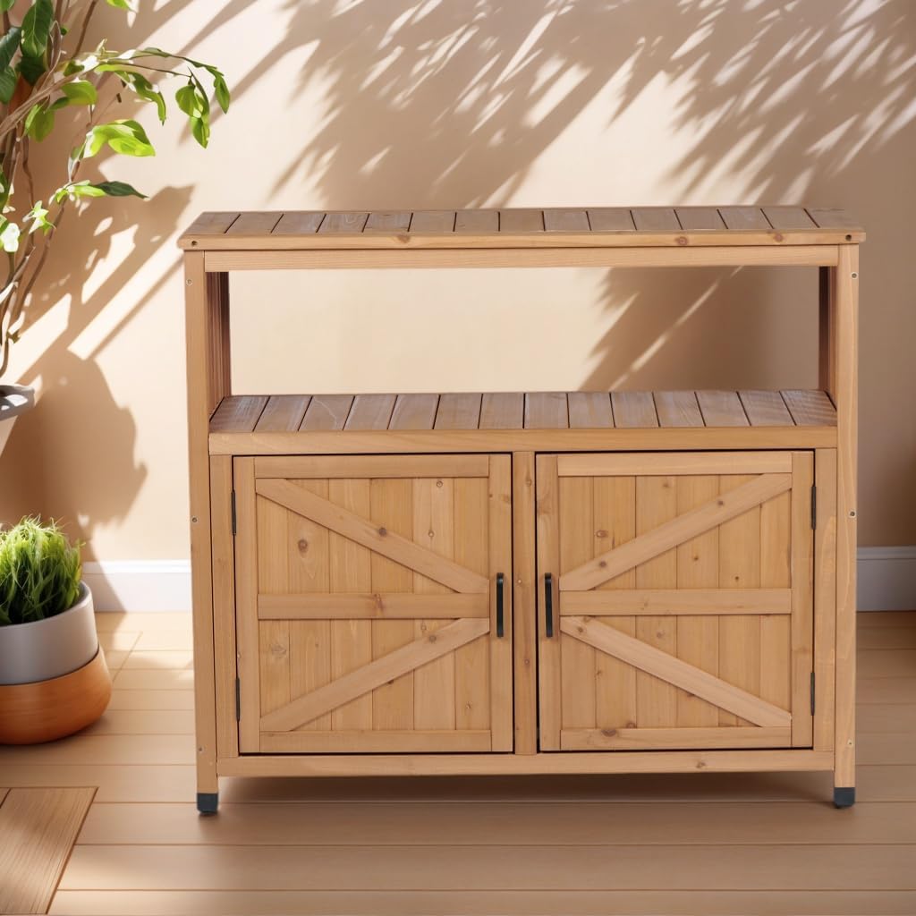 All-Weather Teak Wood Patio Bar Table with Storage - Double-Door Buffet Cabinet & Sideboard Server for Indoor Outdoor Use, Kitchen Dining Room, Poolside Entertaining