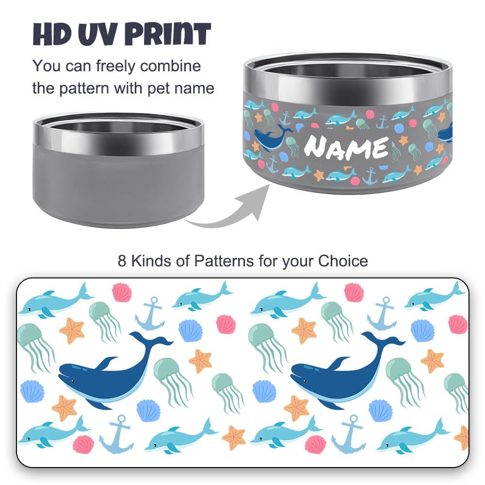 Personalized Dog Bowl with Name and Pattern,UV Print Custom Stainless Steel Pet Bowl Non Slip for Water and Food 25oz,35oz (Animal Pattern)