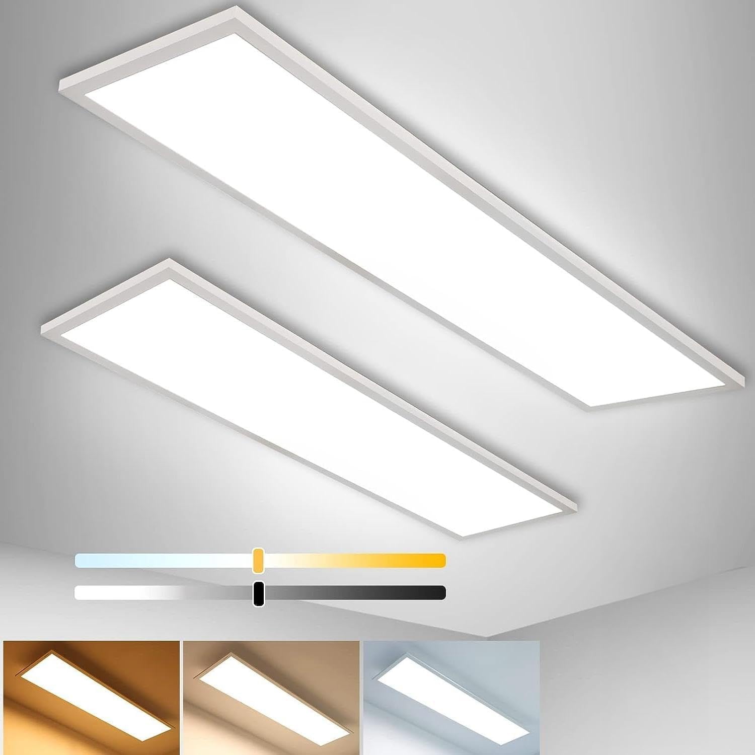 Dimmbar LED Deckenleuchte Panel 120x30 cm mit Fernbedienung, 2 Stück, 40W 3200LM Deckenlampe Starkes Licht, Warm/Natur/Kalt Weiß Licht Ultra Dünne Flach Beleuchtung für Büro Werkstatt Wohnzimmer