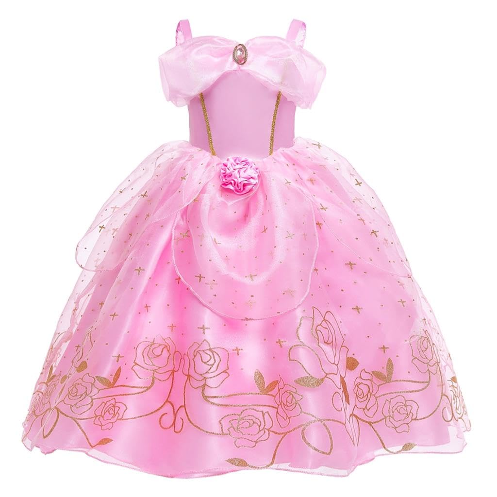Lito Angels Fairytale Beauty Princess Girls Costume Fancy Dress Up with Puff Sleeves Floral Tulle Skirt for Birthday Party Age 8-9 Years Pink