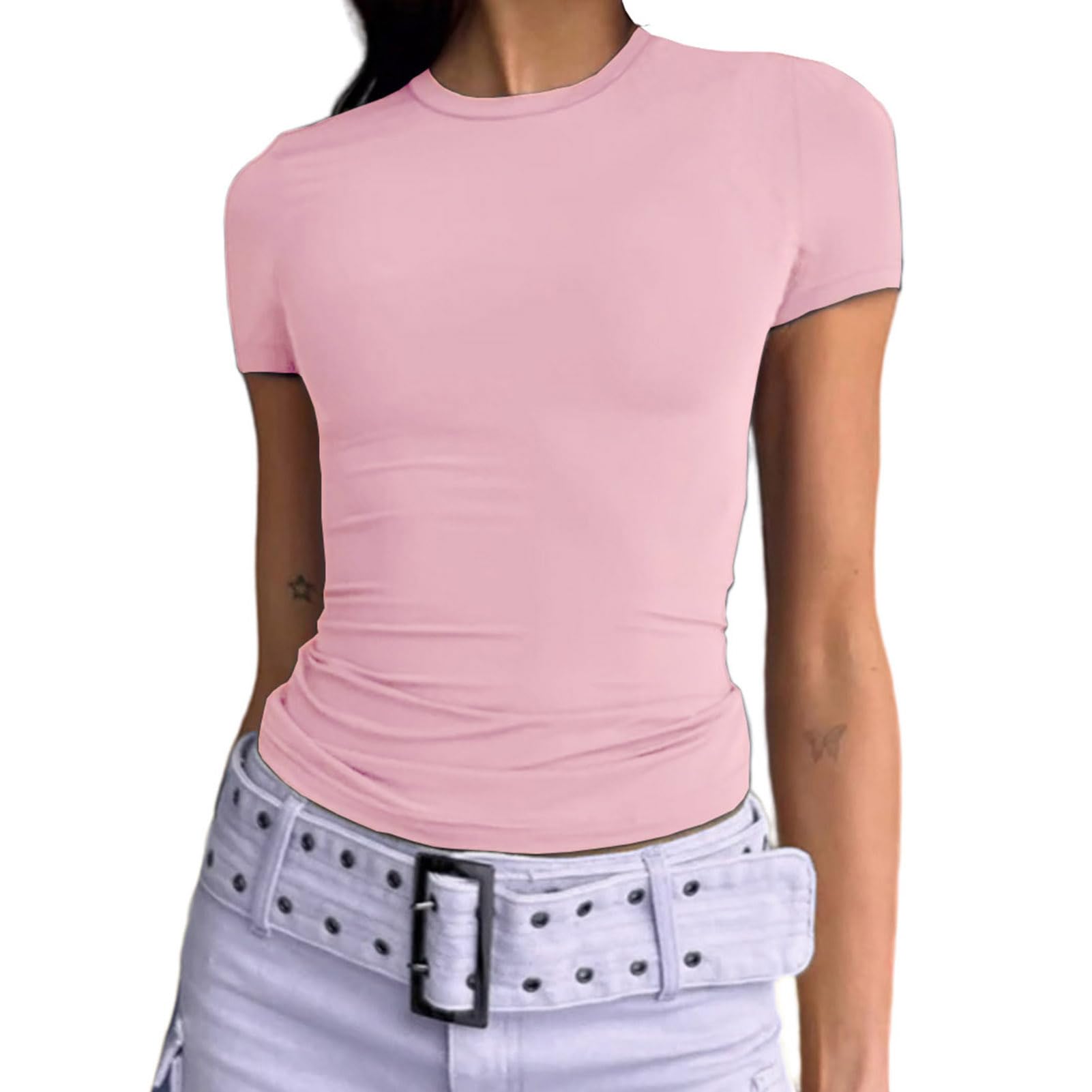 Dwnval Womens Basic Summer Short Sleeve Tight Fitted Workout Crop Tops