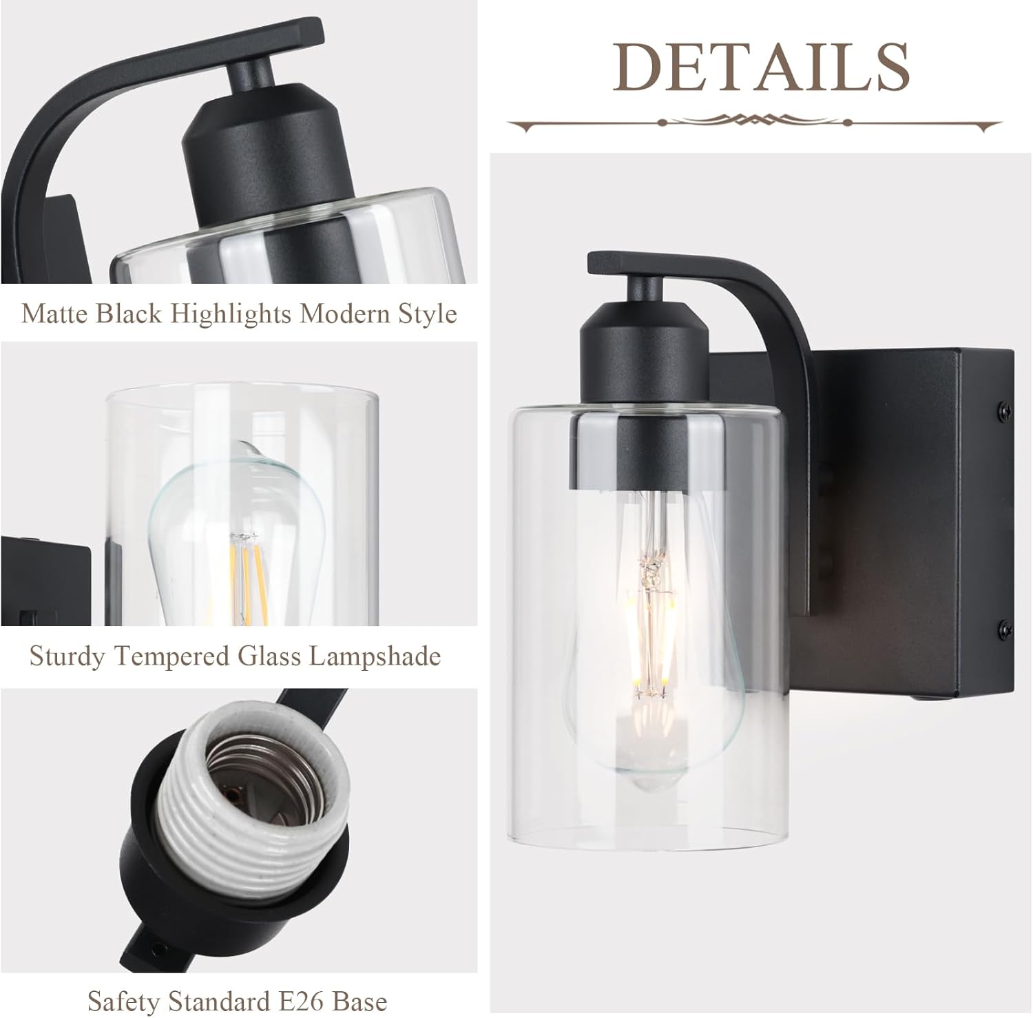 BELS 8 Inch Battery Operated Wall Sconces Set of 2, Farmhouse Wall Lights Fixture with Clear Glass, 4000K, Remote Control, Dimmable, Black Wall Sconces for Mirror, Bathroom, Bedroom