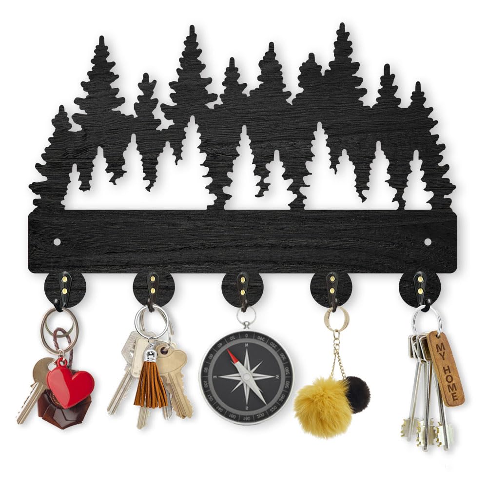 MAYJOYDIY Perchero de pared de 30 x 20 cm, madera densa, árbol de bosque, decoración de pared, soporte para llaves para pared, 5 ganchos de aleación, gancho negro, gancho de pared para sombrero,