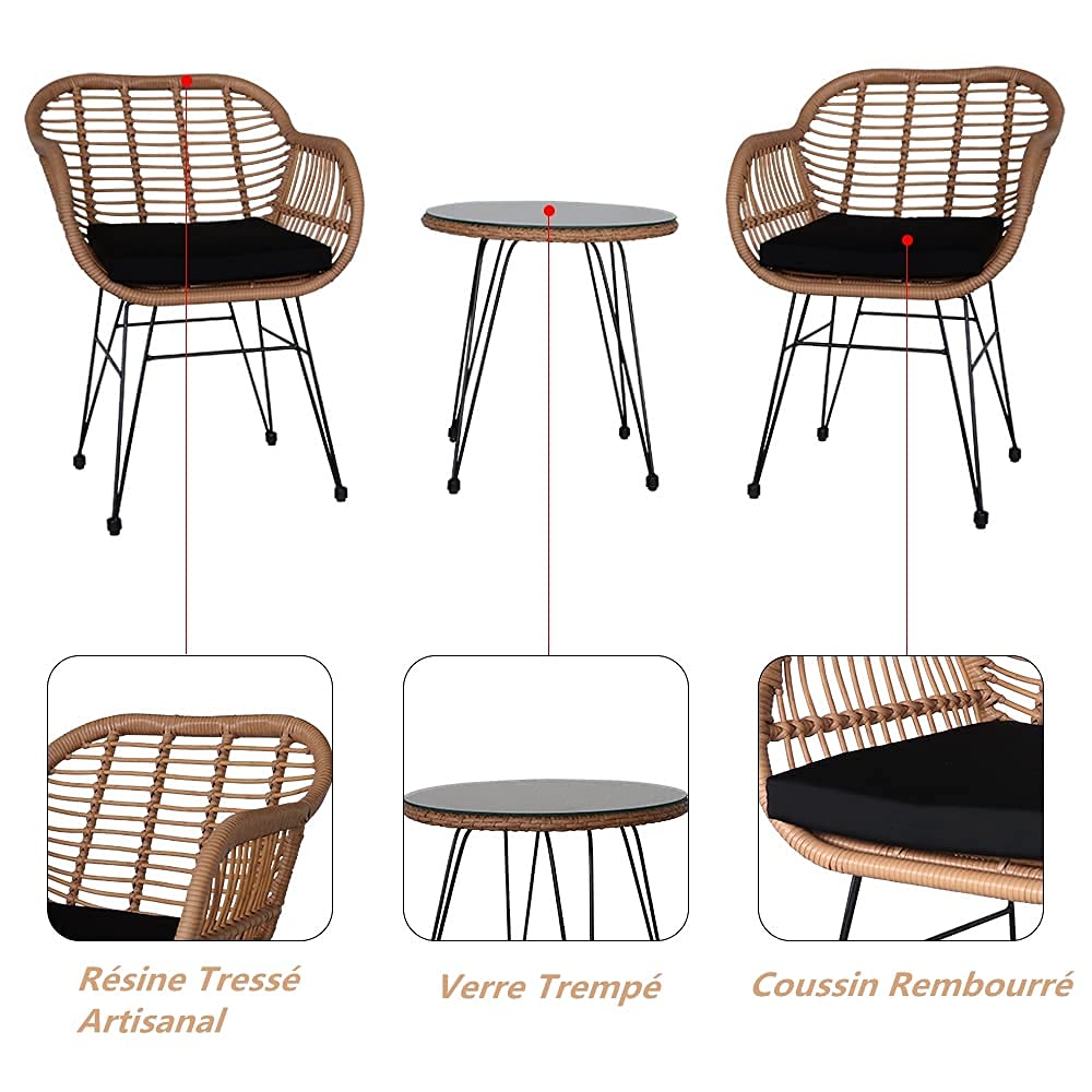 Alightup Salon de Jardin Rétro 2 Places, Ensemble de Meubles en Résines Tressés, Fauteuil Rotin Solide, Mobilier de Jardin avec Coussins et du Verre Trempé, Marron