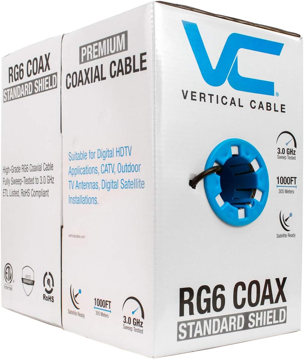 RG6 Standard Shield Bulk Coaxial Cable, Black, 1000ft, 75 Ohm, 18AWG, Solid CCS, AL Foil and 60% AL Braid, CM & CL2 Rated