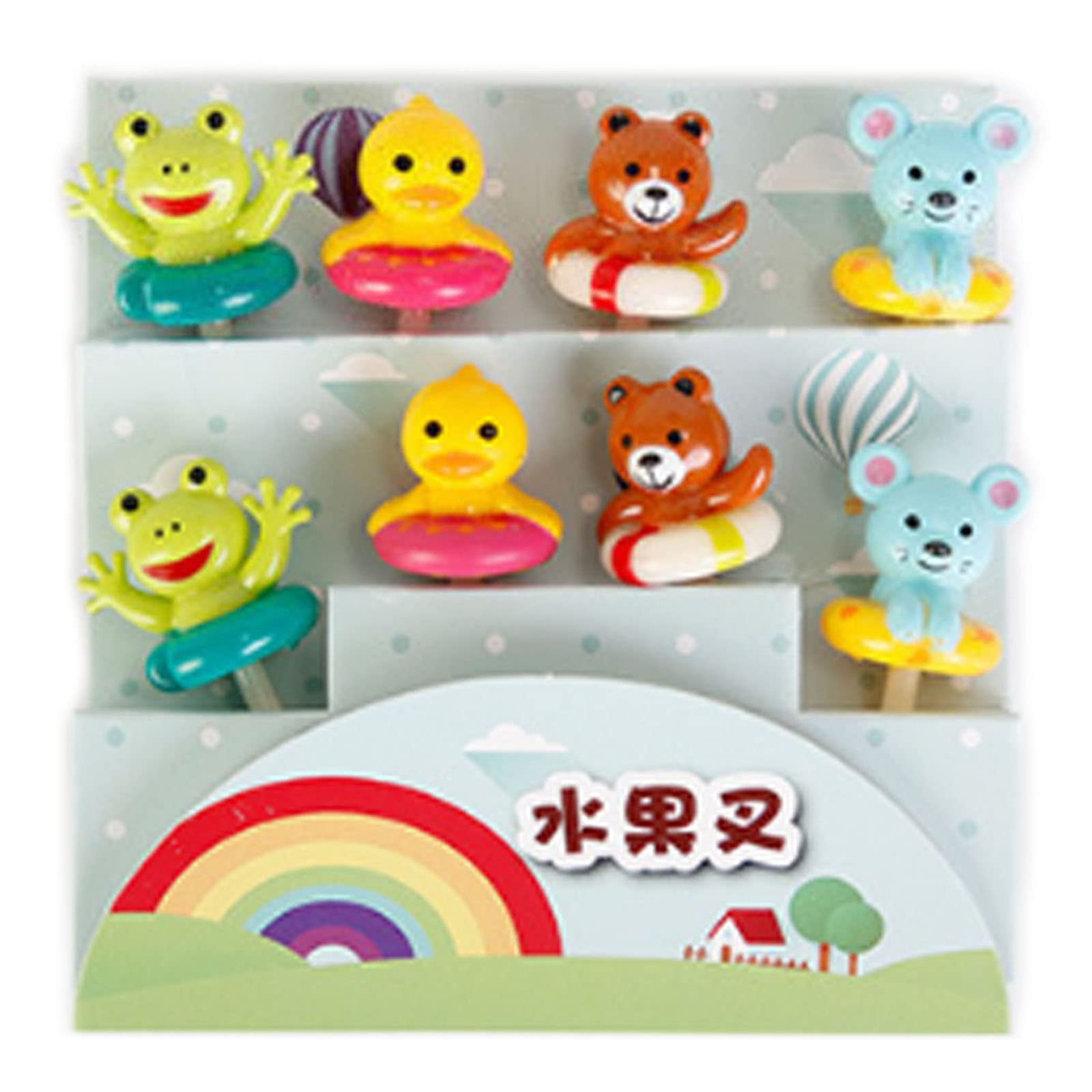 Juego de 8 palillos de comida de frutas de animales de dibujos animados para rana, pato, oso, ratón, palillos de dientes para niños y niñas