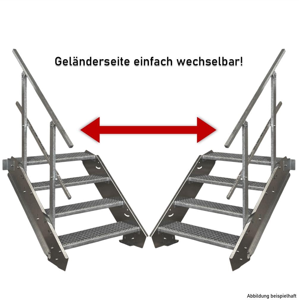 Srm-Design Stahltreppe/Wangentreppe, 80 cm Breite, 140 cm Höhe, 150 kg Traglast, Silber, Stahl, Außentreppe, Industrietreppe