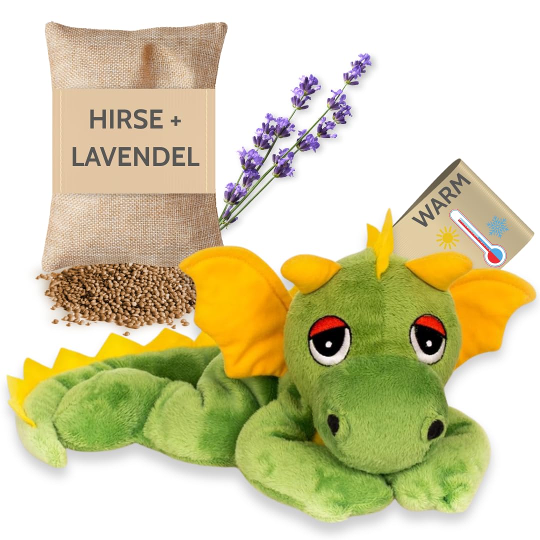 Habibi Plush Wärmekissen/Stofftier f. Kinder und Erwachsene – 1814 Glücksdrache grün mit Hirsefüllung, Wärmekuscheltier zum Erwärmen in der Mikrowelle/Backofen, ideal auch für Babys