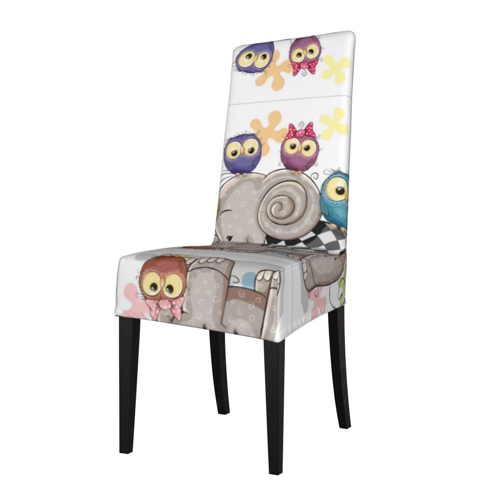 Hlsbssl Black Cartoon Elephant And Owls Floral Printed Dining Chair Covers, Fully Enclosed, Removable And Washable, Suitable For Family Banquets And Celebrations