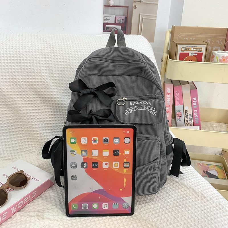 Cute Coquette Corduroy Backpack Bow Tie Large Korean Travel Book Bag College Aesthetic Preppy Daypack for Women (Black) - Image 8