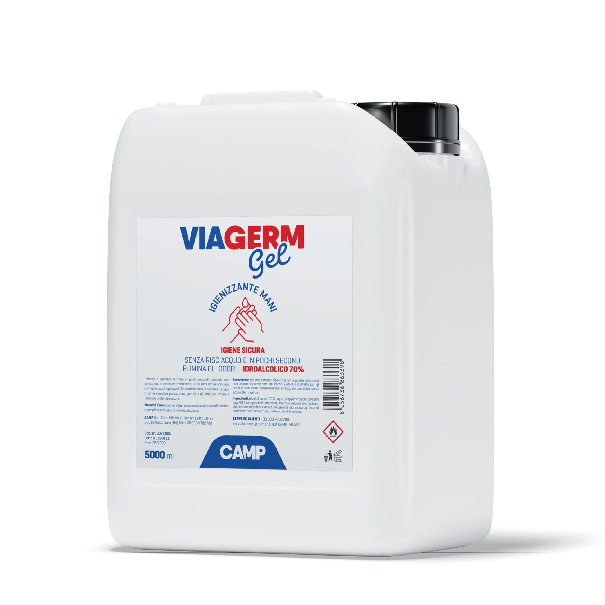 Camp VIAGERM Gel Igienizzante mani con alcool 70%, tanica 5000 ml