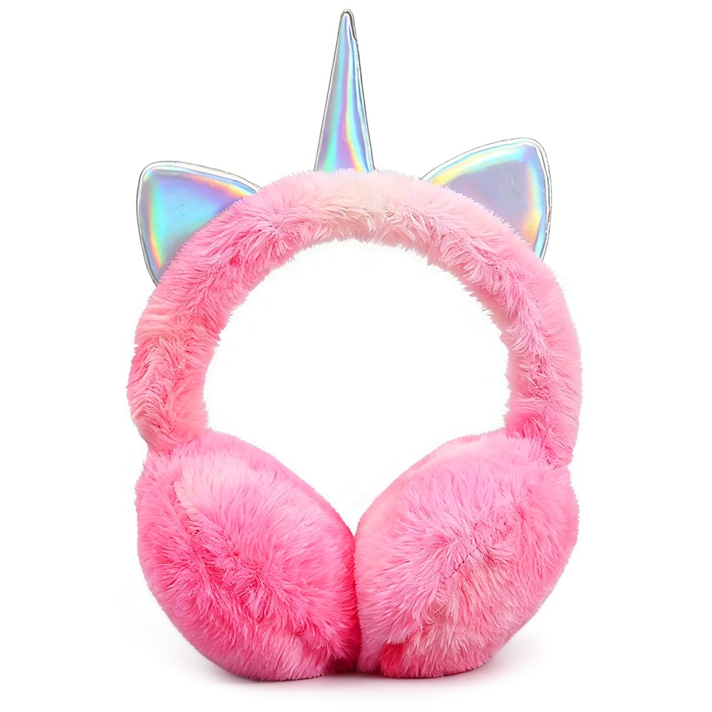 Yrpacfb Unisex Kids Pink Unicorn Treat Ear Muffs, Kids Unicorn Earmuffs, Winter Warm Adjustable Fluffy Ear Warmers For Girls In Colorful Plush Design