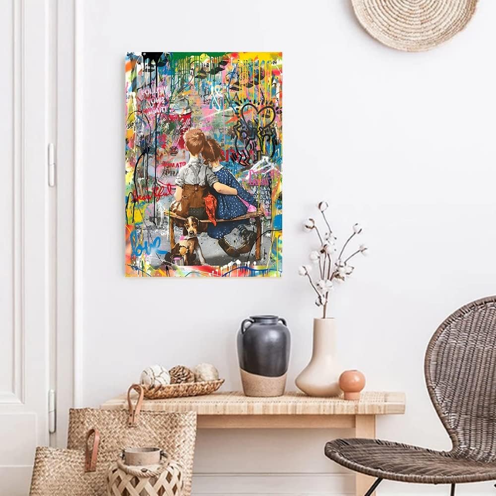 Framed Banksy Street Graffiti Wall Art Decor Large Abstract Pictures Canvas Painting Prints Colorful Modern Contemporary Poster Artwork Stretched for Wall Home Bathroom Bedroom Living Room Ready Hang (Framed Decor Art-010, 16x24inch(40x60cm))